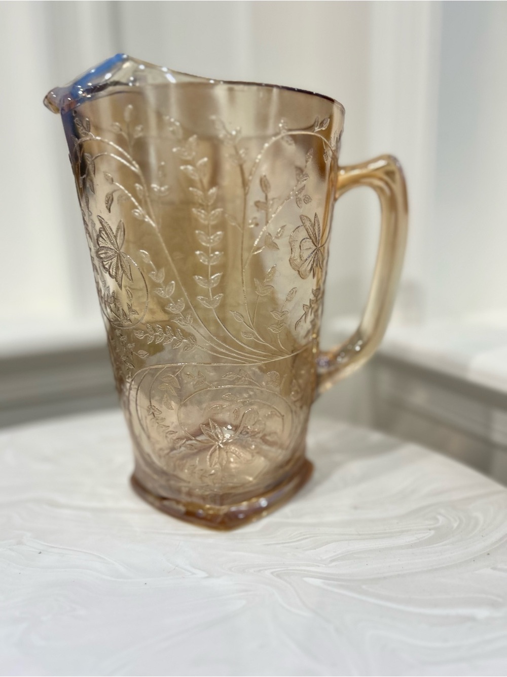 VTG 50s Jeannette Glass iridescent Marigold Carnival pitcher floragold Louisa